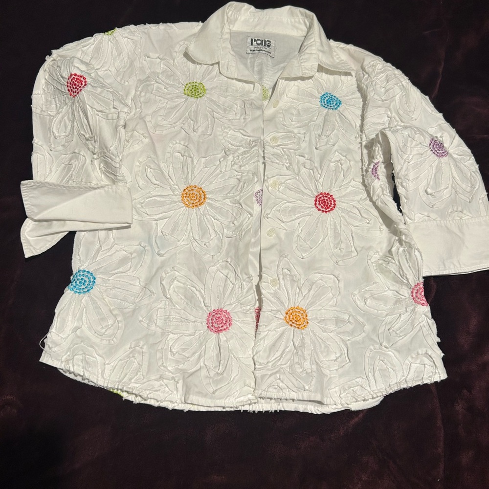 Pong poco Floral Embroidered White Button-Up Shirt